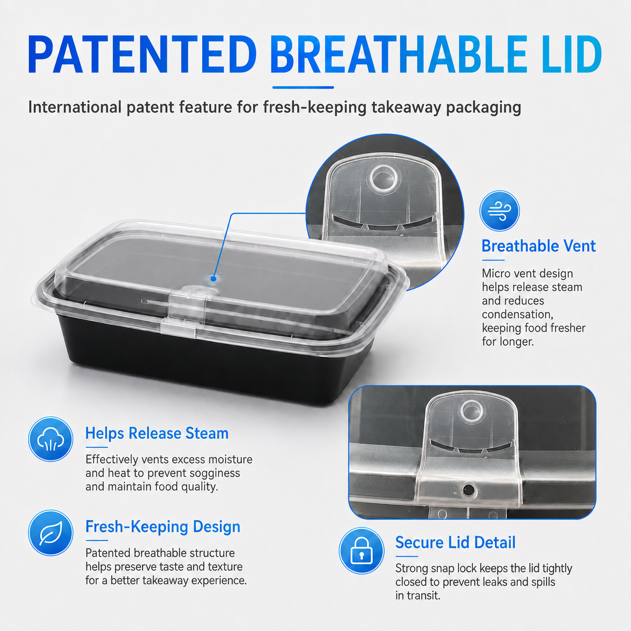 HY-251256 1250ml Vented Lid Injection Molded PP Food Container for Takeaway